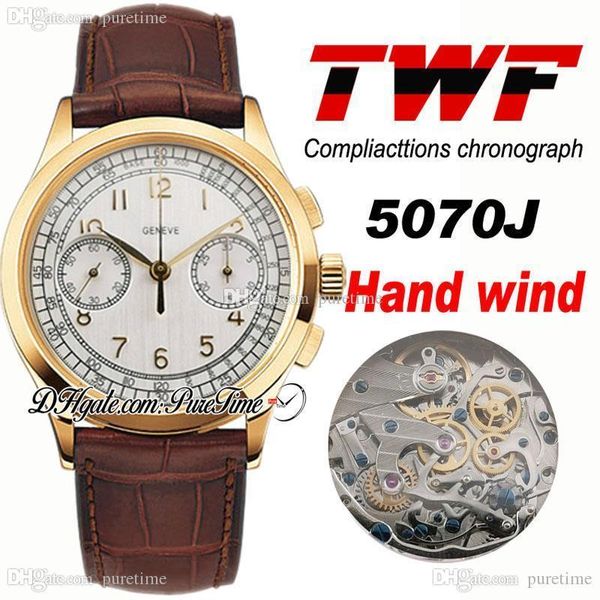 TWF Platinum Compliacttions Chronograph 5070J Hand Winding Automatic Mens Watch Oro giallo 18 carati Quadrante bianco Pelle marrone PTPP Puretime P5b2