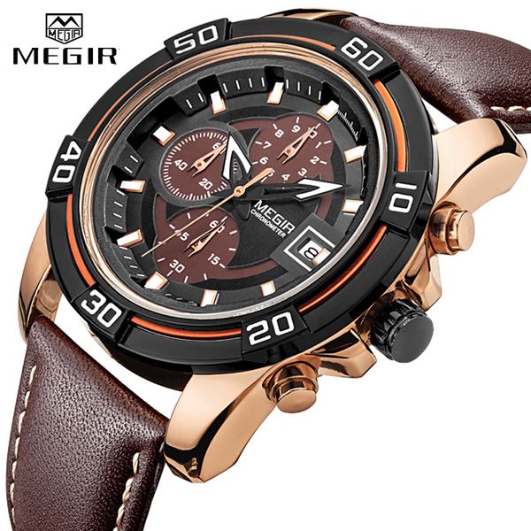 

megir brand watch men's leather strap quartz watch men's clock waterproof business watch chronograph relogio masculino, Slivery;brown