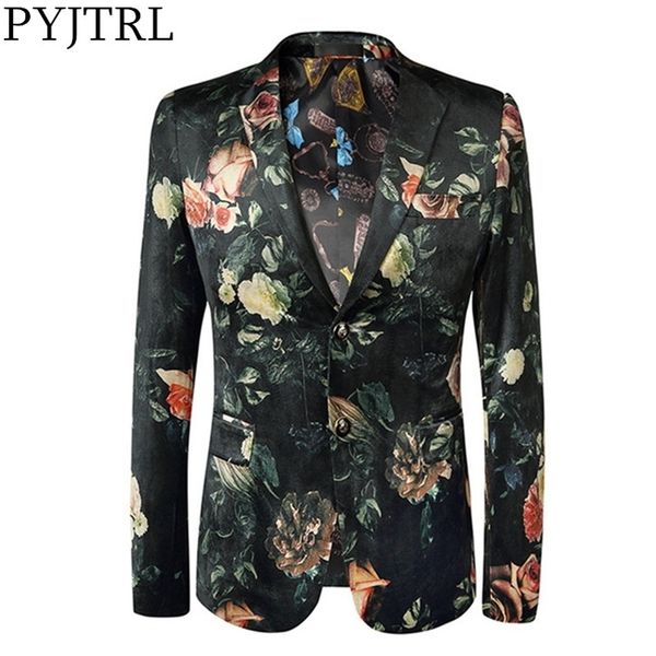 PYJTRL Qualità Uomo Retro Vintage Motivo Floreale Giacca Slim Fit Casual Blazer Cantanti Abbigliamento LJ201103