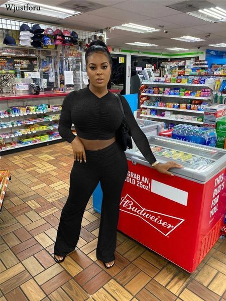 

wjustforu streetwear 2 piece set women slim full sleeve crop high waist flare pants casual wide leg pants outfit1, Gray