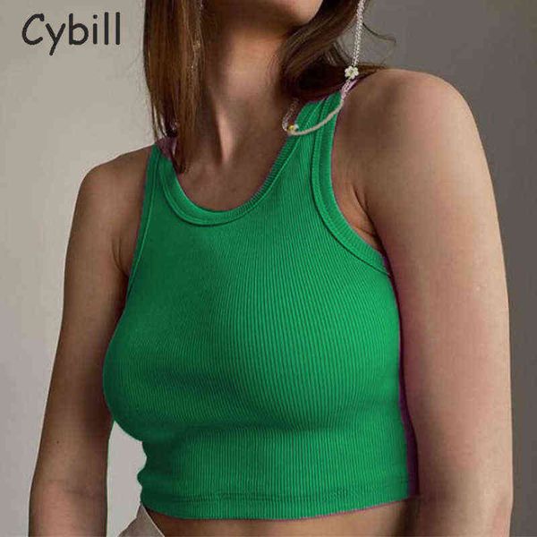 Cybill puro tricô verão colheita top branco casual alongamento alongamento mulheres veste halter curto top festival preto sem mangas y220304