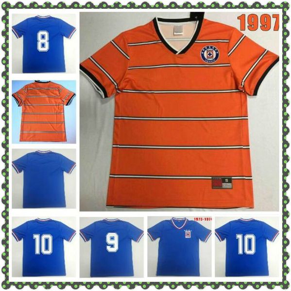 

cruz azul 1973-1974 retro soccer jerseys home blue classic 1997 vintage classic football shirt quality, Black;yellow