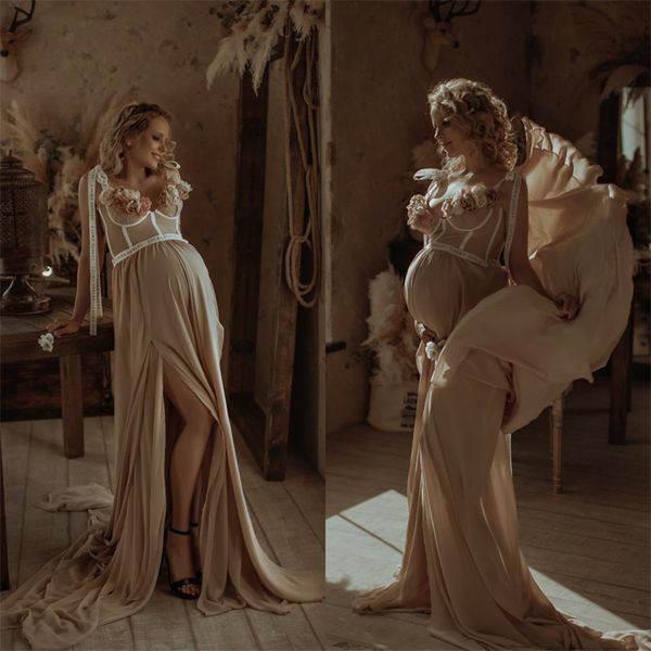 

modern pregnant night gown 3d floral appliqued soft chiffon pajama bathrobe bride sleepwear robes spaghetti strap custom made girl sleepwear, White