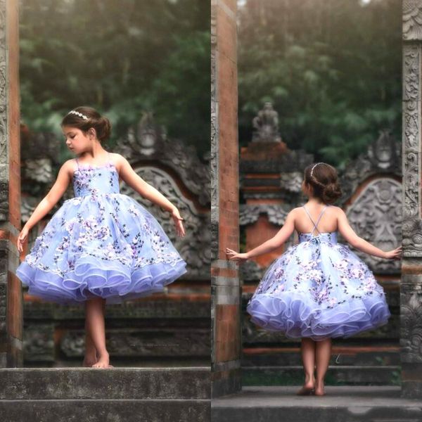 

spaghetti strap knee length flower girl dresses tulle applique layered skirt girls pageant dress kids formal gowns, White;blue