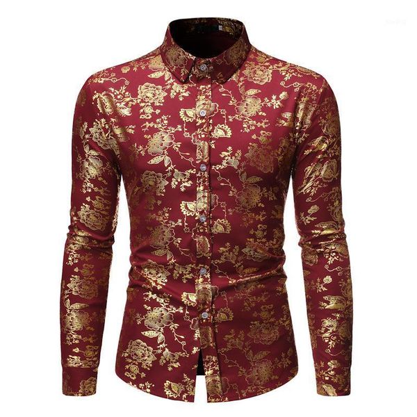 

men's luxury gold floral print shirt men long sleeve dress shirts bar club party dinner wedding social shirt male chemise homme1, White;black