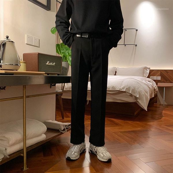 

male fashion trouser straight suit ankle-length pants men vintage streetwear japan korea style leather belt casual pant1, Black