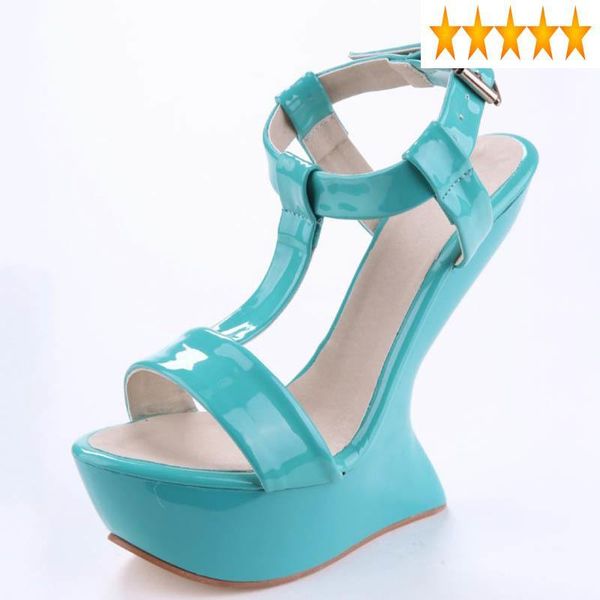 

super women new high runway thick platform strange heels ladies show sandals patent pu leather peep toe shoes, Black