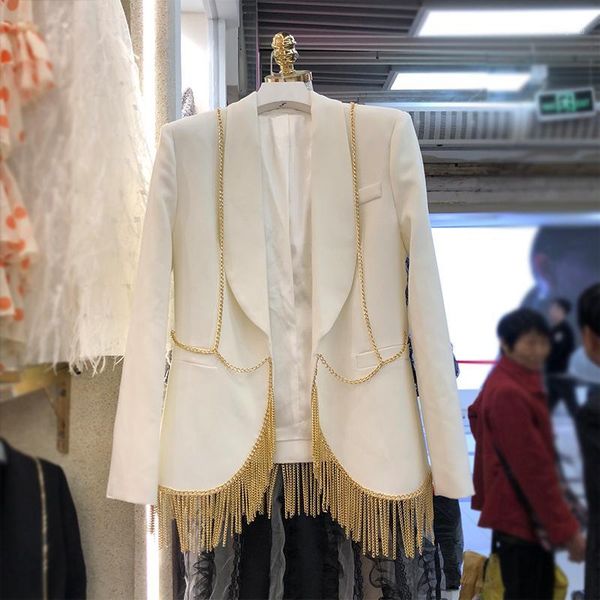 

2020 spring new metal chain tassel blazer women fashion small suit jacket women's etiquette performance clothing jacket coat1, White;black