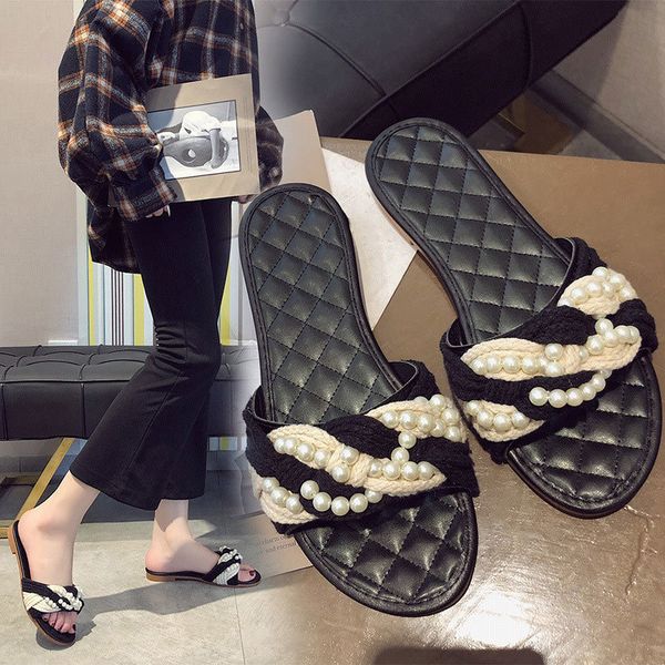 

summer women flat slippers pearl weaving ladies sandals beading open toe flip flops female platform slides fashion shoes y200706, Black