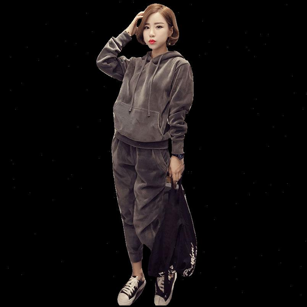 

womens costumes plus size gold velvet sports suit 2021 fashion autumn and winter plus velvet casual sweater 2 piece women, Gray