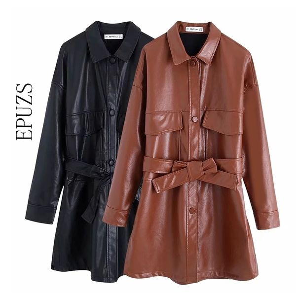 

vintage pockets belt faux leather jacket women long coat streetwear long sleeve pu jacket winter womens jackets 201030, Black