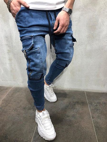 

men's jeans style lace-up zipper multi-pocket pencil pants slim hip-hop black and blue jogger