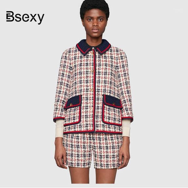 

runway tweed set 2018 brand designer turn down collar loose plaid coat and short pants set for women 2 pieces shorts and, Gray