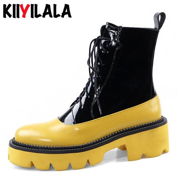 

boots kiiyilala genuine leather platform women booties square heel round toe cross-tied colorful ankle zipper chunky shoes, Black