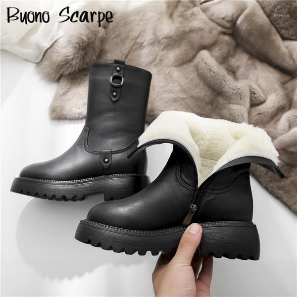 

boots winter fashion platform snow cow leather wool shearling buckle ankle handmade round toe lace up female shoes1, Black
