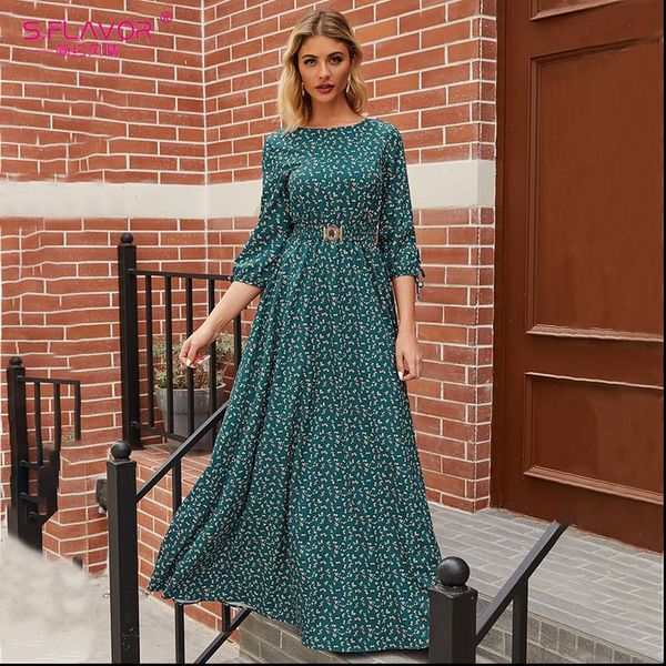 

autumn winter women floral printed long dresses elegant 3 4 sleeve boho maxi vestidos femme casual bohemion women dress, Black;gray