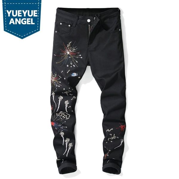 

new brand mens slim denim pants fashion embroidery printing jeans trousers male black casual elastic pencil pants plus size, Blue