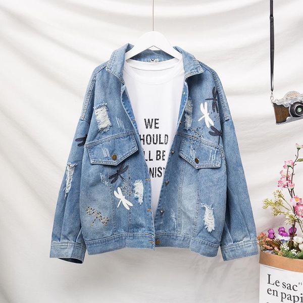 

women denim jacket plus size loose thin section fashion decal embroidery pattern lapel blue summer denim coat 5xl veste femme1, Black;brown