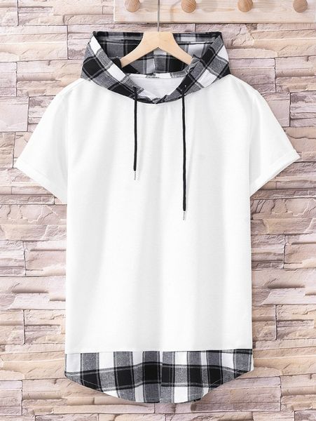 

men plaid drawstring hooded 2 in 1 tee h5zn#, White;black