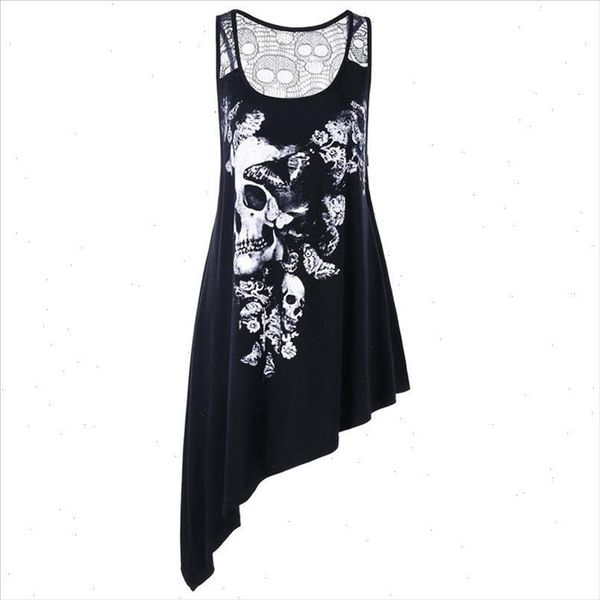 

2021 fashion women plus size u neck skull printed asymmetric hollow out tanks vest summer for women, White
