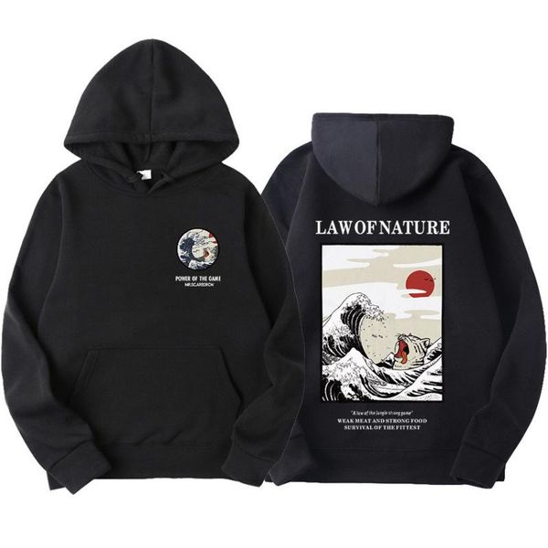 

hoodies men women japanese funny cat wave printed hoodies 2020 winter japan style hip hop casual sweatshirts streetwear, Black