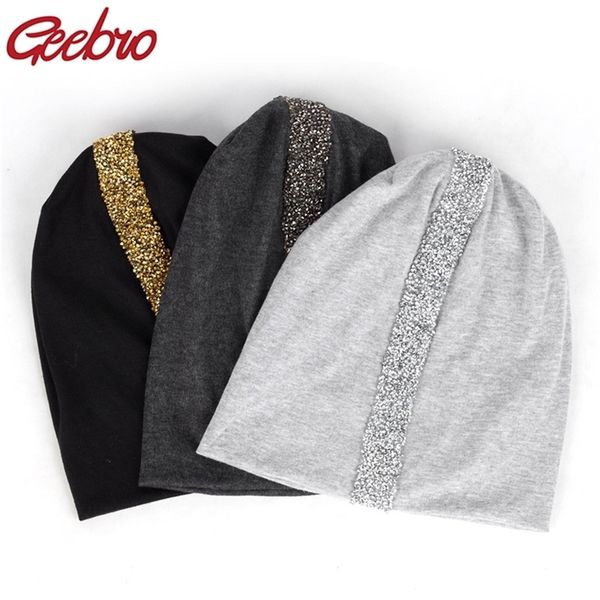 

geebro women soft rhinestones ribbon cotton casual beanies solid color baggy slouch hats and cap lady birthdays gifts y201024, Blue;gray