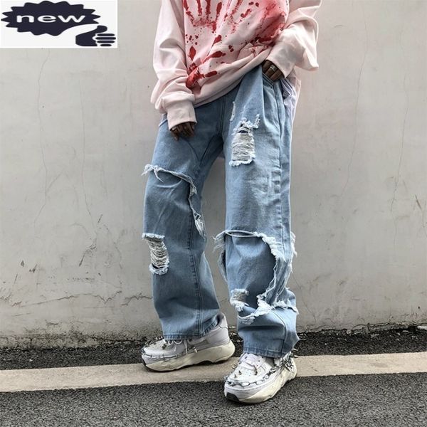 

new high street mens jeans hip hop loose wide legged personality streetwear fashion patchwork tassel hole men black denim pants h1209, Blue