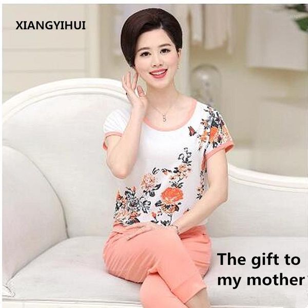 

women sets 2 pieces printing cotton clothing set large size xl-4xl 2020 summer middle aged mother brand +pants1, Gray