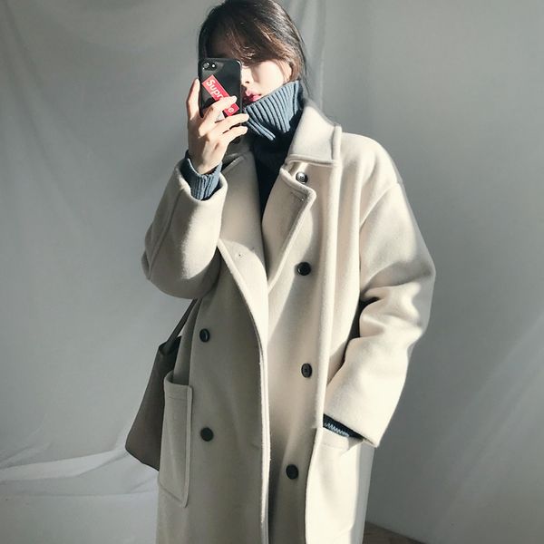 

women's woolen coat manteau femme hiver 2021 autumn and winter long section double breasted windbreaker creamy-white black coats