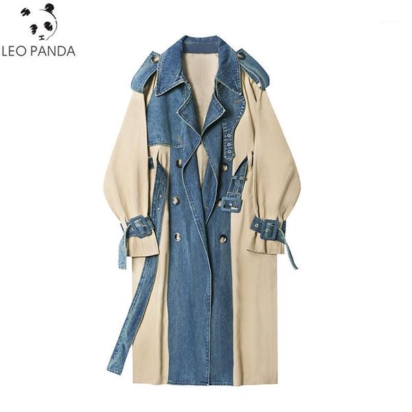 

new long coat woman fashion denim patchwork windbreaker spring autumn temperament double-breasted sashes trench, Tan;black