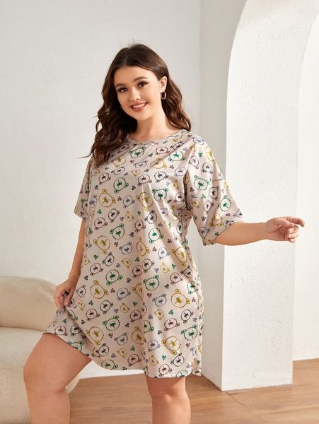 

plus bear & paw print drop shoulder nightdress p3ha#, Black;white