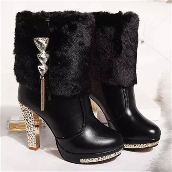 

2021 new crystal ping snow thick for high leaping women fashion hairy winter keep boots 35-41 0ws9, Black
