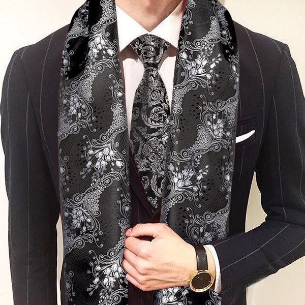 

scarves men tie black long jacquard paisley 100% silk scarf set autumn winter casual retro business suit shawl barry.wang1, Blue;gray