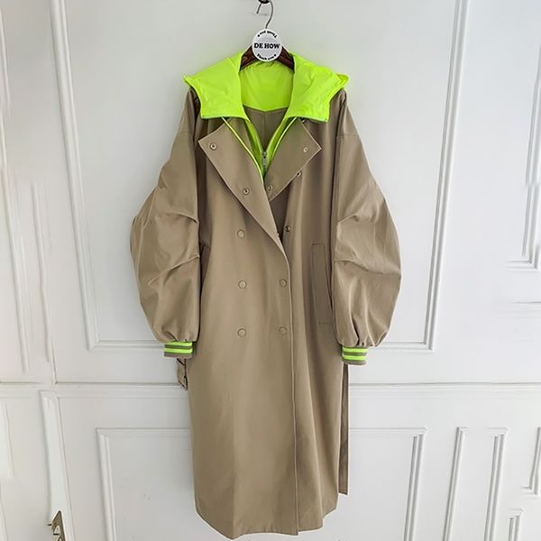 

[ewq] spring autumn new hooded trench coat korean plus size khaki long coat female trenchcoat overcoat sell fall clothes 201027, Tan;black
