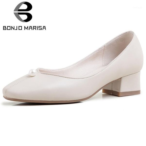 

dress shoes bonjomarisa spring genuine leather pumps elegant shallow med heel women brand square toe woman1, Black
