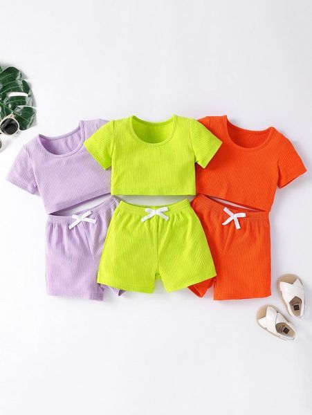 

baby rib-knit 3pcs tee & knot front 3pcs shorts she, White