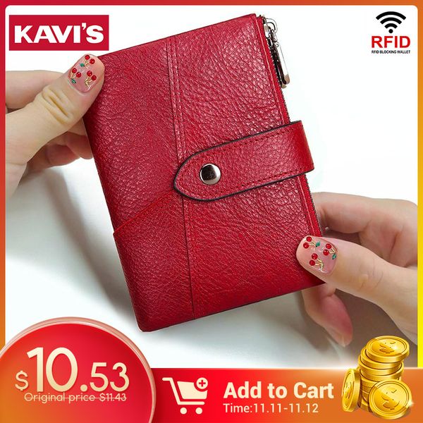 

kavis rfid genuine leather women wallet female coin purs portomonee money bag small card holder red color fashion for girls, Red;black