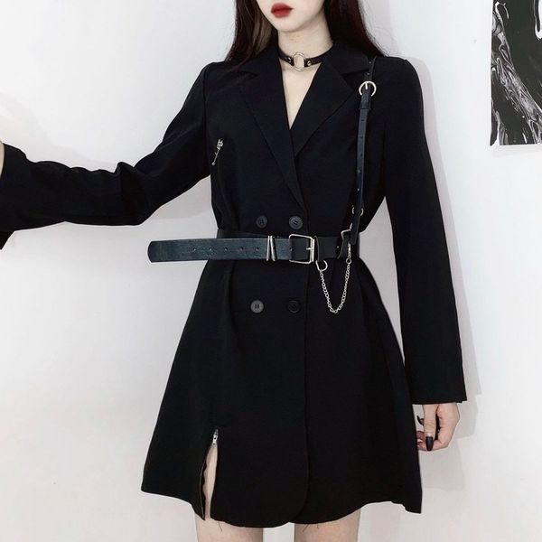 

2021 new korean black blazer women winter long sleeve female sashes designer 2021 spring business casual lady one-piece dress o35q, Black;gray