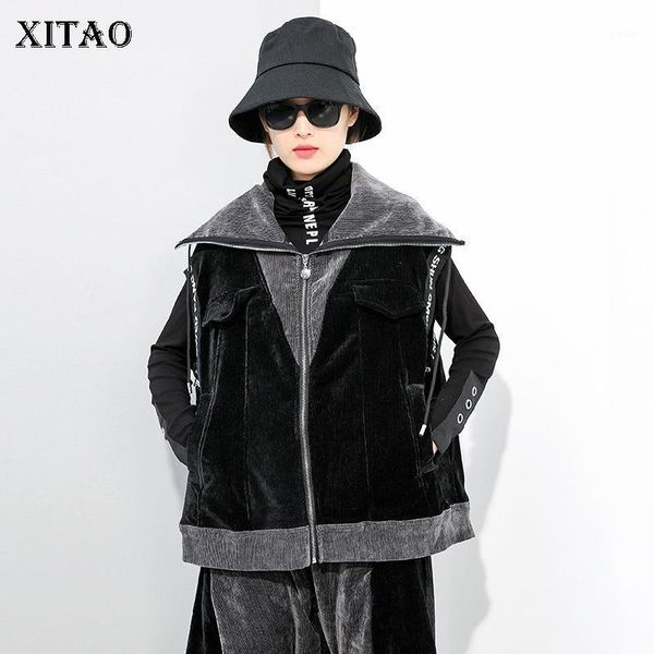 

xitao letter patchwork vest women winter trendy fashion new style zipper sleeveless pocket turn down collar personality zy12091, Black;white