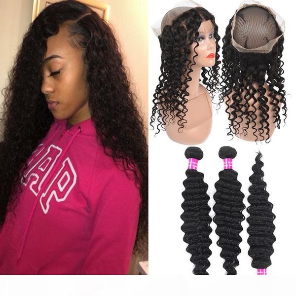

9a deep wave brazilian virgin hair with 360 full lace closure kinky curly water wave loose straight with 360 full lace closure pre plucked, Black