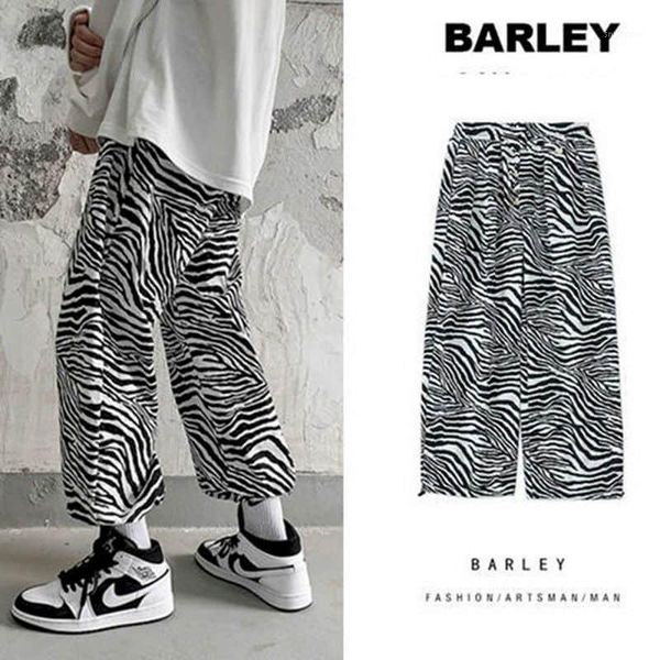 

full print zebra pattern casual pants men's spring and autumn new style korean loose nine-point pants casual hip hop trousers1, Black