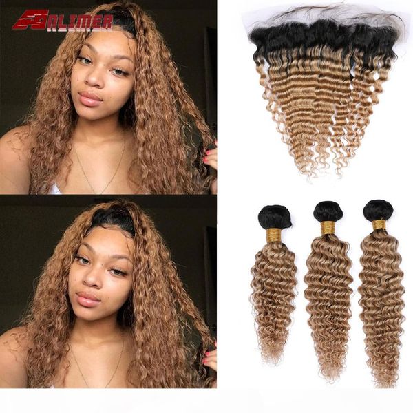 

anlimer honey blonde bundles with frontal 13x4 brazilian deep wave hair bundles with closure 1b 27 blonde remy hair weave, Black;brown