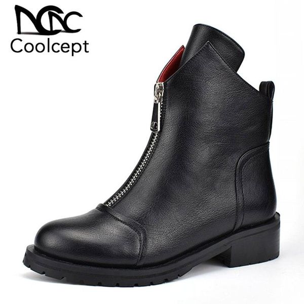 

coolcept women ankle boots fashion zipper round toe winter warm flats shoes casual outdoor shoes women size 34-42, Black