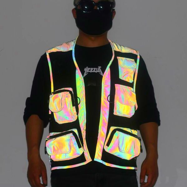 

2021 reflective colored man multi pockets fishing sleeveless male jacket vintage personality pgrapher gilet cargo vest pyyv, Black;white