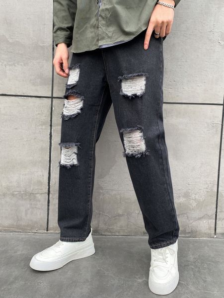 

men ripped straight leg jeans t97w#, Blue