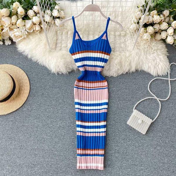 

women patchwork color stripe dress new summer v neck spaghetti strap bodycon dresses ladies elegant knitted pull dress1, Black;gray