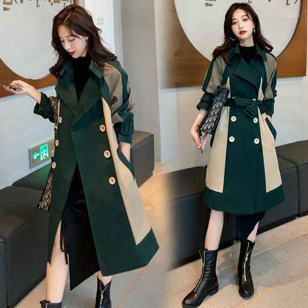 

2021 new fashion spring autumn long trench coats british style stitching slim double-breasted windbreaker women overcoats xa2171, Tan;black