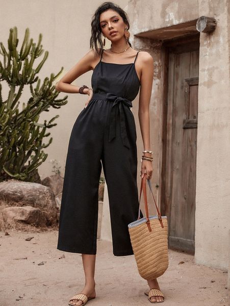 

solid belted cami jumpsuit t1bg#, White