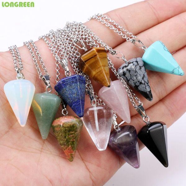 

Natural Crystal Stone Pendant Necklace Hexagonal Cone Crystal Ornaments Women Girl Chains collier ketting collares de moda 2021, Silver