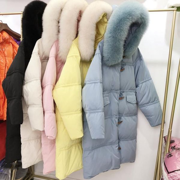 

down jacket winter dress new style women's slim medium length lazy fashion white duck down ox horn button coat, Black